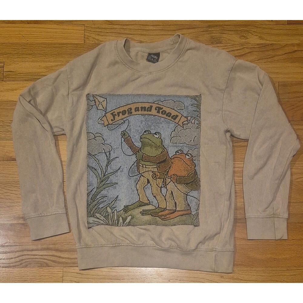 Frog and Toad Tapestry Patch Sweatshirt Tan Crewneck Tandem Bike Mens Small
